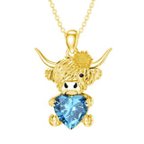 14K Gold Heart Birthstone Highland Cow Pendant Necklace