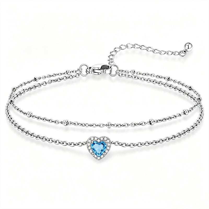 Sterling Silver Birthstone Double Layer Anklet for Beach Weddings, Summer Vacations & Pool Parties