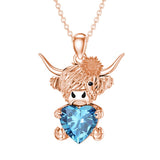 14K Gold Heart Birthstone Highland Cow Pendant Necklace