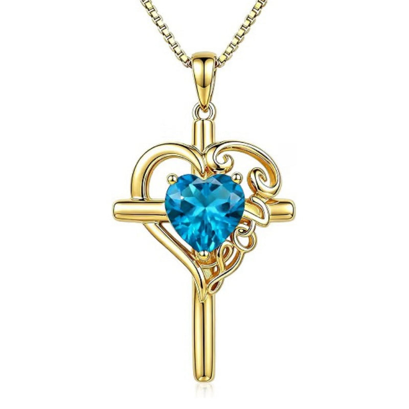 14K Gold  Plated Heart Shape Birthstone  Love Cross Necklace for Women Religious Jewelry