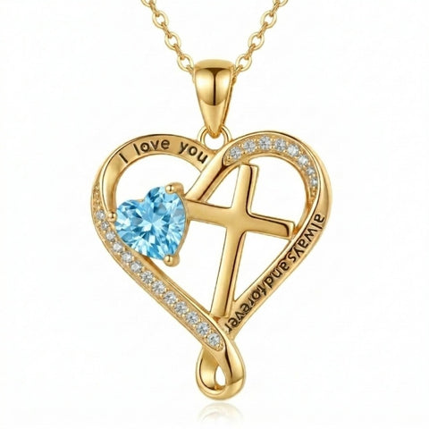 14K Gold Plated Heart  Birthstone Cross Necklace Engraved with I Love You Always and Forever