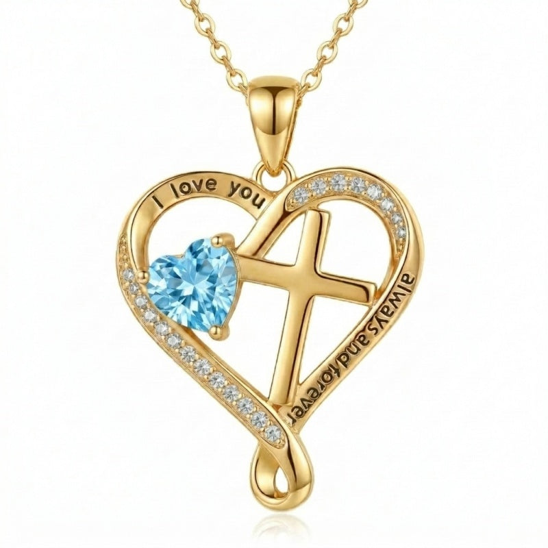 14K Gold Plated Heart  Birthstone Cross Necklace Engraved with I Love You Always and Forever