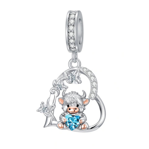 Sterling Silver 12 Month Birthstone Highland Cow Charm Beads