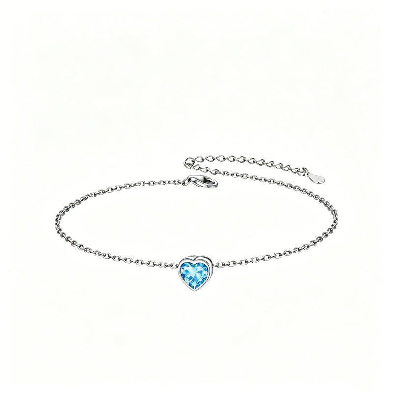 Sterling Silver Simple Dainty Round Heart Birthstone Single Layer Charm Anklet