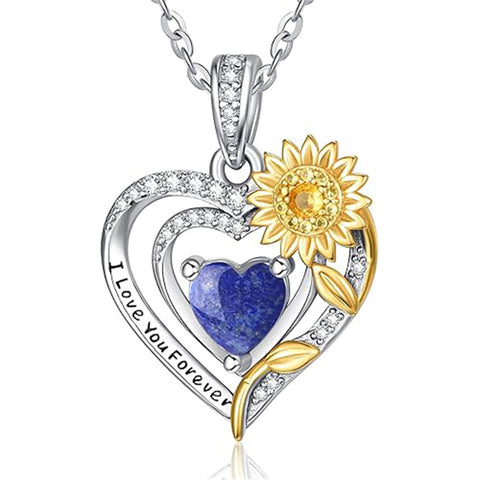 Sterling Silver Heart Birthstone Sunflower Pendant Necklace Engraved with I Love You Forever