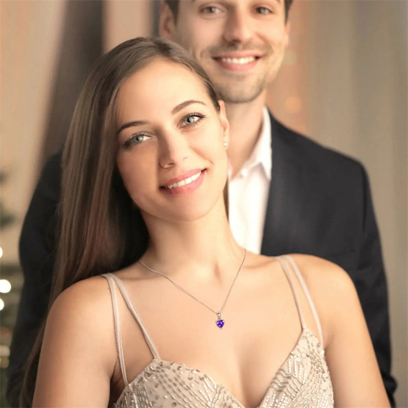 Sterling Silver Heart-Shaped 12 Month Birthstone Cubic Zirconia Pendant Necklace, Valentine's Day Gift