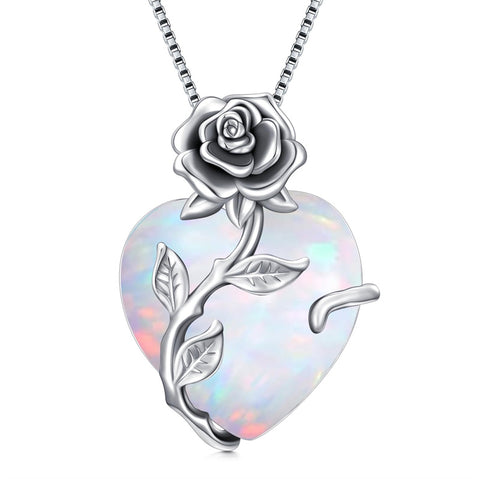 Birthstone Necklace  925 Sterling Silver Rose Flower Heart Pendant Necklace Jewelry Gifts for Women Mom Wife Girls Her Mothers Day Gifts