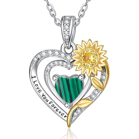 Sterling Silver Heart Birthstone Sunflower Pendant Necklace Engraved with I Love You Forever