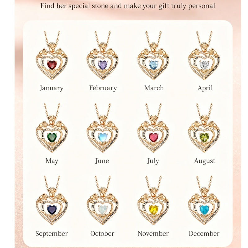 14K Gold Plated Rose Heart Birthstone Necklace for Women Engraved with I Love You for Always and Forever