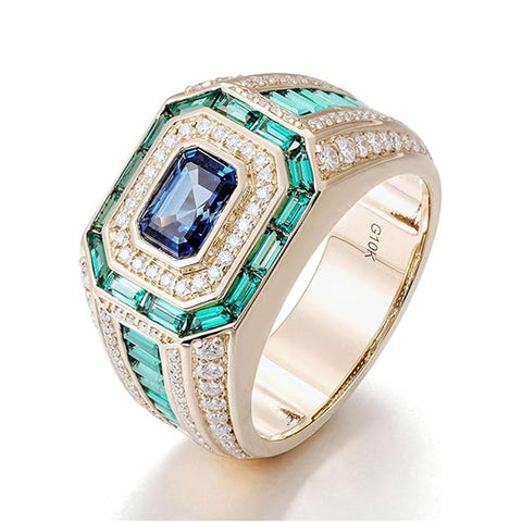 Sterling Silver 10K 14K 18K Gold Emerald Cut Gemstone Engagement Ring Wedding Anniversary Ring for Men