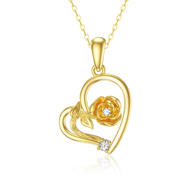 10K 14K 18K Solid Yellow Gold Rose Flower Pendant Necklace– romanticwork