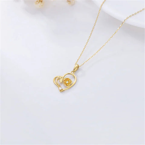 9K Solid Yellow Gold Rose Flower Pendant Necklace