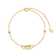 9K Real Gold Three Hearts Bracelets Jewelry Gifts For Women Girls