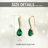 Solid 14K Real Gold Dangle Drop Created Emerald Earrings May Birthstone Jewelry Gift