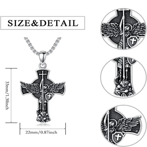 St Michael Necklace for Men 925 Sterling Silver Cross Saint Archangel Michael Medal Medallion Protection Jewelry for Men