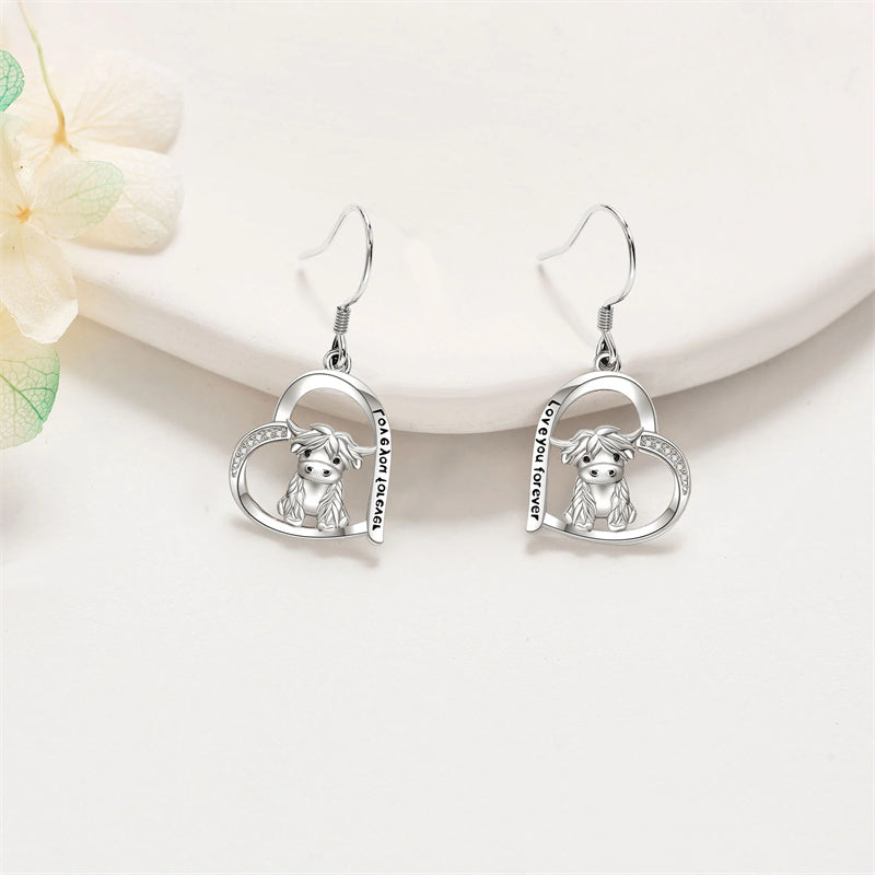 Orecchini Pendenti A Mucca Highland In Argento 925, Gioielli Originali Per Donne E Ragazze