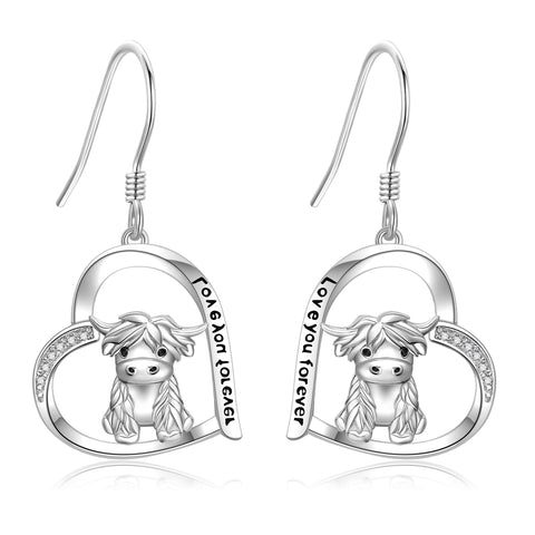 Highland Cow Dangle Earrings 925 Sterling Sliver Cow Drop Earrings Christmas gift for Women Girls