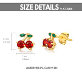 14K Gold Cherry Stud Earrings with Created Garnet for Women Girls Cute Jewelry Gifts