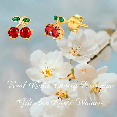 14K Gold Cherry Stud Earrings with Created Garnet for Women Girls Cute Jewelry Gifts