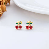 14K Gold Cherry Stud Earrings with Created Garnet for Women Girls Cute Jewelry Gifts