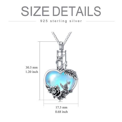Sterling Silver Heart Shaped Moonstone Rose & Heart Urn Necklace for Ashes
