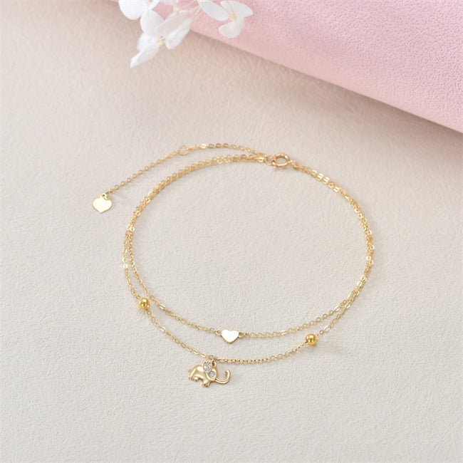 14K Solid Gold Lucky Elephant Anklet  Real Gold Layered Heart Anklet Bracelet Fine Jewelry Anniversary Birthday Mother's Day Gifts for Her