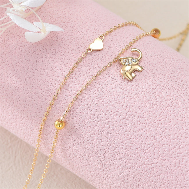 14K Solid Gold Lucky Elephant Anklet  Real Gold Layered Heart Anklet Bracelet Fine Jewelry Anniversary Birthday Mother's Day Gifts for Her