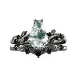 925 Silver Natural Moss Agate Ring Set Leaf Moss Agate Engagement Ring Set Vintage Bridal Wedding Ring