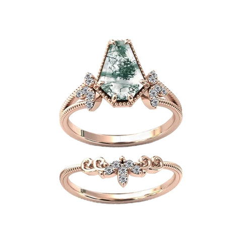925 Silver Natural Moss Agate Ring Set Leaf Moss Agate Engagement Ring Set Vintage Bridal Wedding Ring