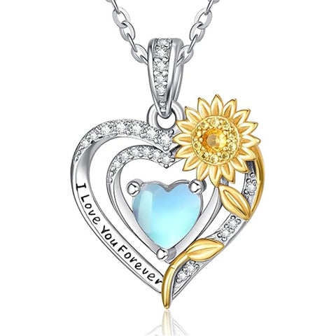 Sterling Silver Heart Birthstone Sunflower Pendant Necklace Engraved with I Love You Forever