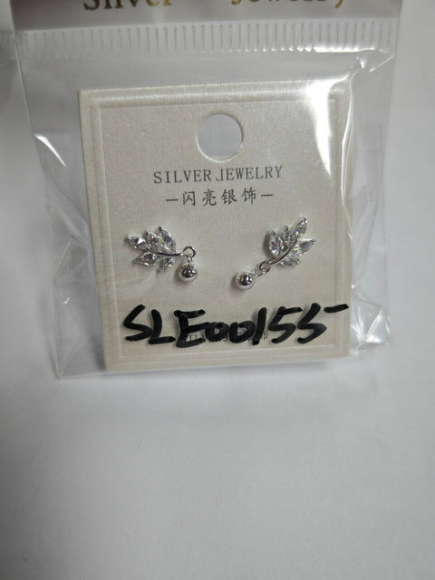 925 Sterling Silver Elegant Silver Crystal Leaf Earrings With Dangling Balls