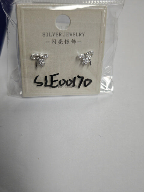 925 Sterling Silver Elegant Silver Bow Earrings With Zircon-accented Flowers On Blue Velvet