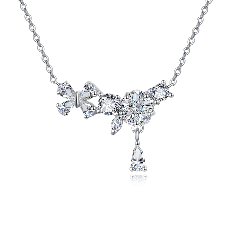 925 Sterling Silver Elegant Floral Zircon Necklace With Delicate Chain And Teardrop Pendant