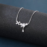 925 Sterling Silver Elegant Floral Zircon Necklace With Delicate Chain And Teardrop Pendant