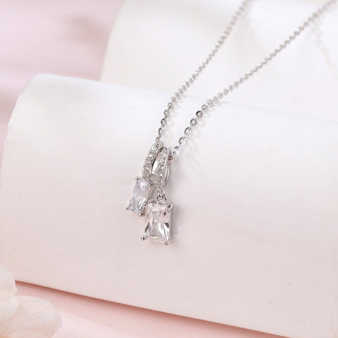 925 Sterling Silver Elegant Zircon Double Drop Pendant Necklace