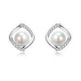 925 Sterling Silver Elegant Twisted Silver Pearl Earrings With Zircon-accented Studs