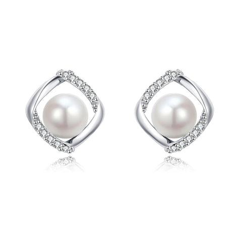 925 Sterling Silver Elegant Twisted Silver Pearl Earrings With Zircon-accented Studs