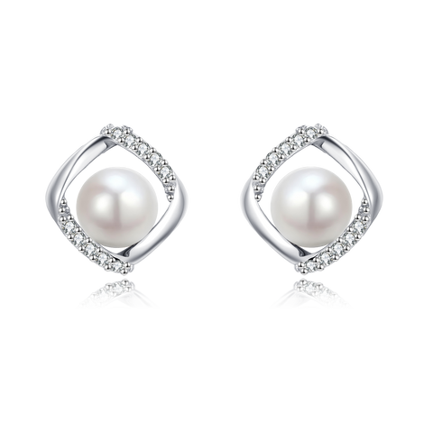 925 Sterling Silver Elegant Twisted Silver Pearl Earrings With Zircon-accented Studs