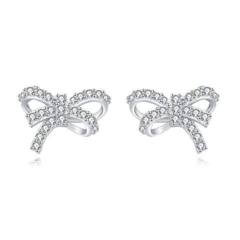 925 Sterling Silver Elegant Bow-shaped Silver Stud Earrings With Rhinestone Accents