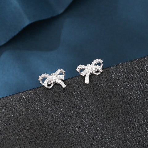 925 Sterling Silver Elegant Bow-shaped Silver Stud Earrings With Rhinestone Accents