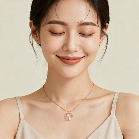 925 Sterling Silver Rose Gold Moonstone Necklace With Zircon-accented Cat Silhouette Pendant