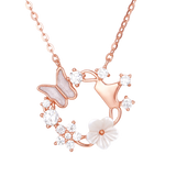 925 Sterling Silver Elegant Rose Gold Butterfly & Flower Necklace With Gemstone Accents