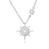 925 Sterling Silver Elegant Silver Double Starburst Necklace With Crystal-emblazoned Pendants