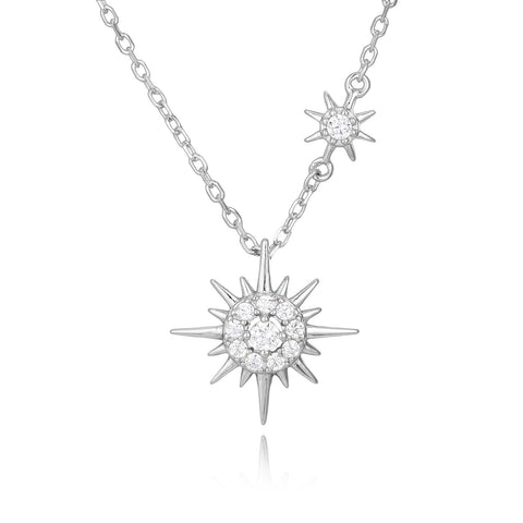 925 Sterling Silver Elegant Silver Double Starburst Necklace With Crystal-emblazoned Pendants