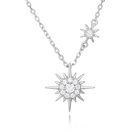 925 Sterling Silver Elegant Silver Double Starburst Necklace With Crystal-emblazoned Pendants