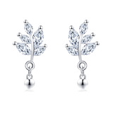 925 Sterling Silver Elegant Silver Crystal Leaf Earrings With Dangling Balls