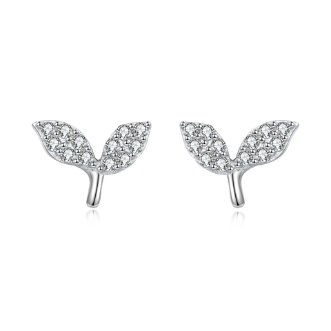925 Sterling Silver Elegant Whale Tail Stud Earrings Silver Zircon-paved Delicate Jewelry