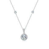 925 Sterling Silver Elegant Round Zircon Halo Pendant Necklace With Chain Accents