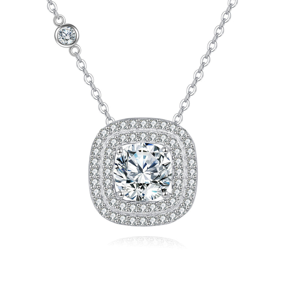 925 Sterling Silver Elegant Moissanite Halo Pendant Necklace In Plated with White Gold – Timeless Luxury Jewelry