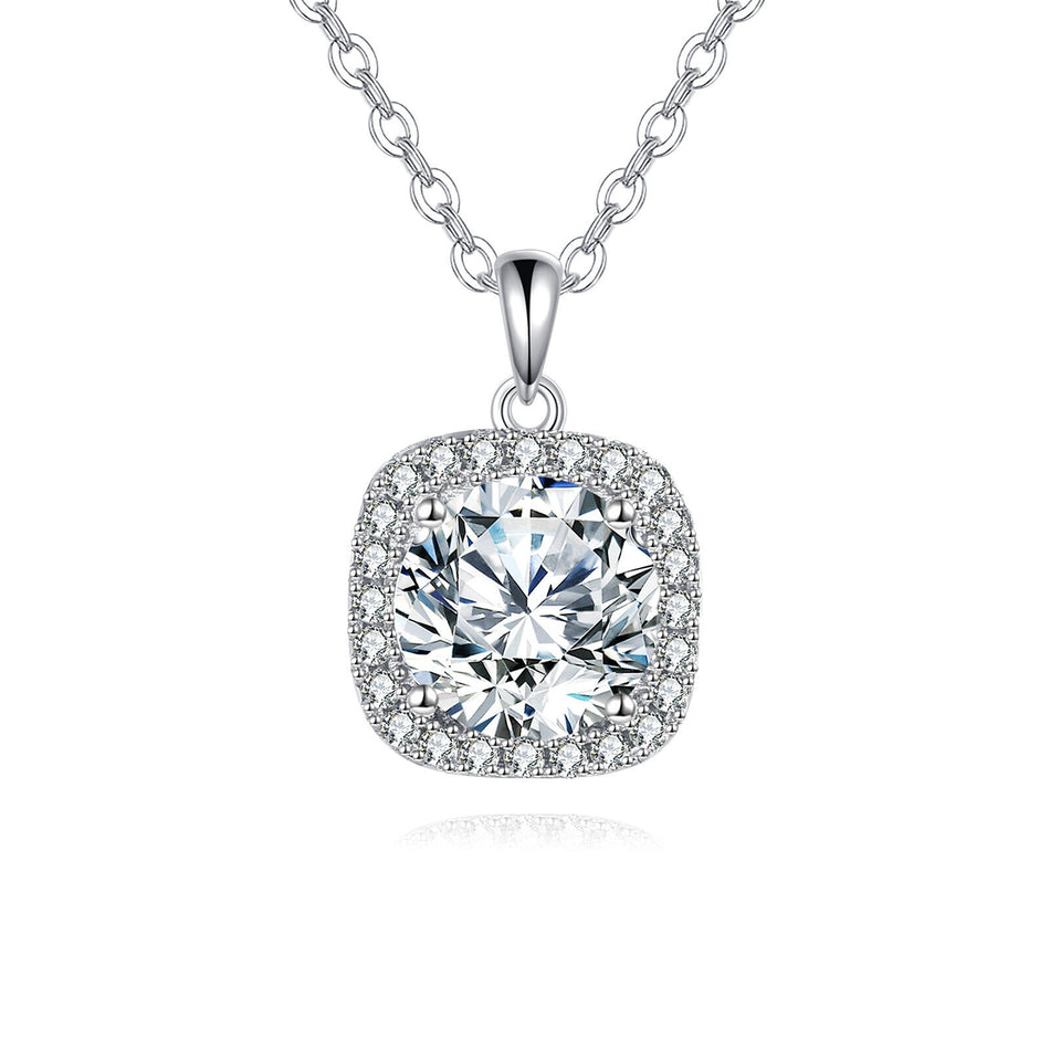925 Sterling Silver Elegant Square Cushion Cut Moissanite Halo Pendant Necklace In Sterling Silver